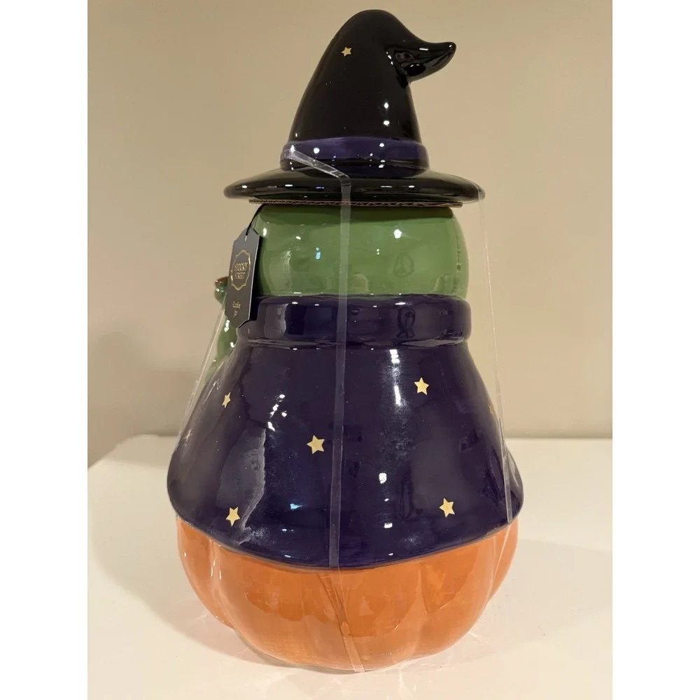 Spooky Street Whimsical Witch Frog With Pumpkin Halloween Ceramic Cookie Jar